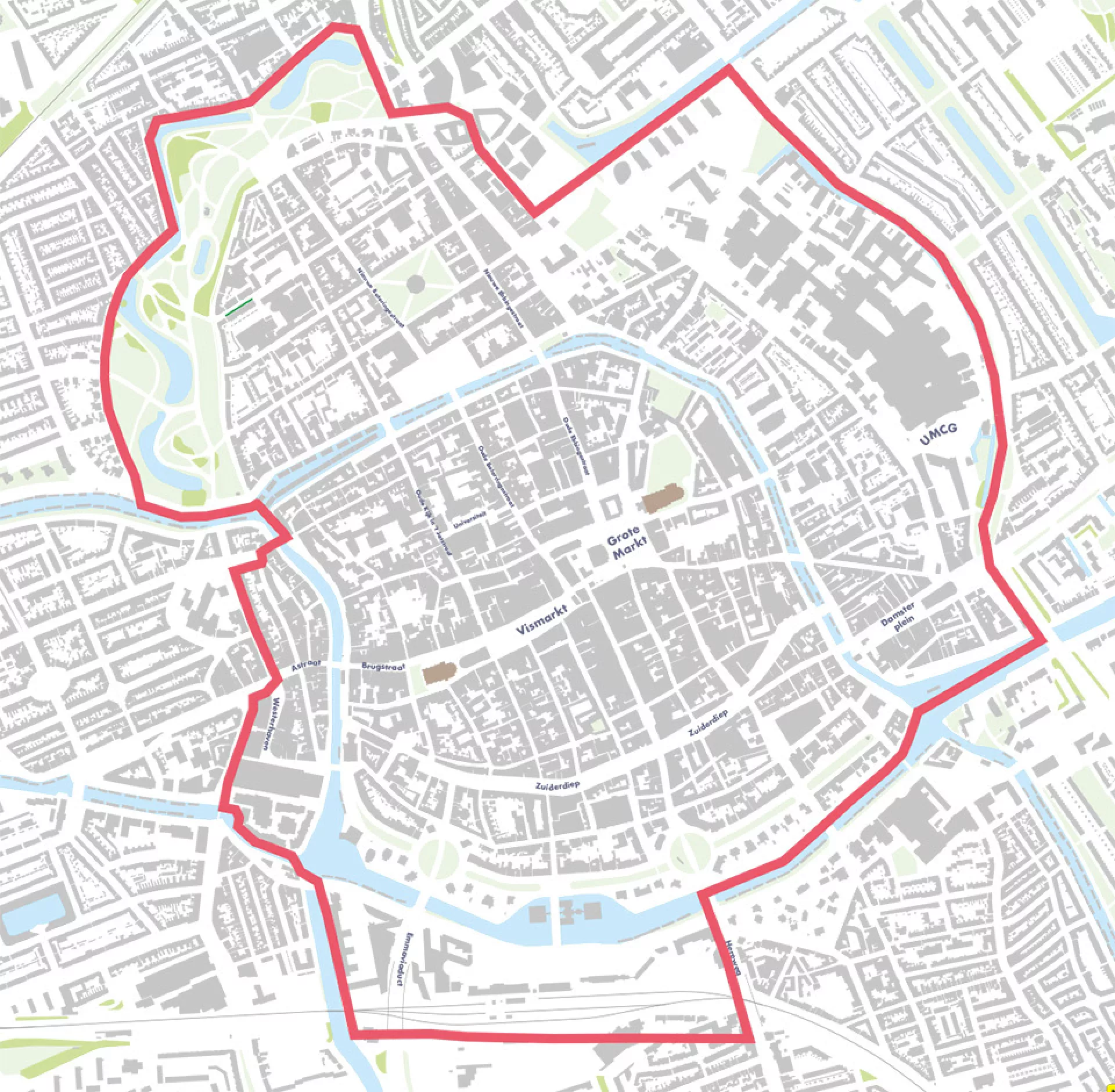 Kaart met de afbakening van verruimde binnenstad